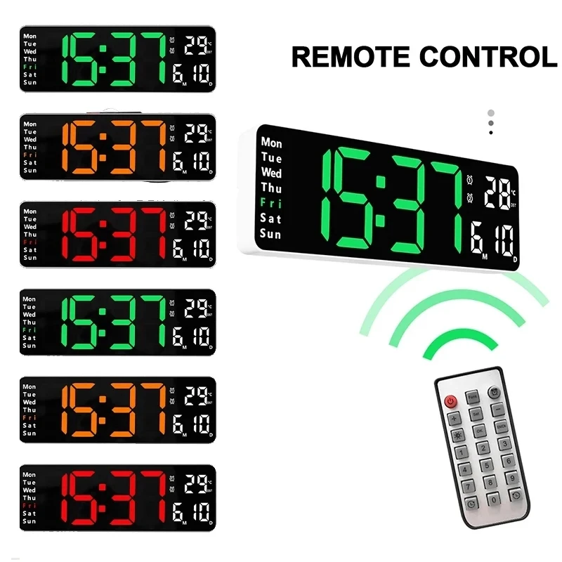 

Large Digital Wall Clock Remote Control Temp Date Week Display Power Off Memory Table Clock Wall-mounted Dual Alarms LED Clocks