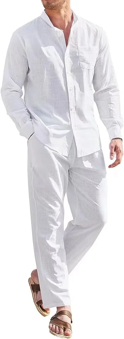 

Мужской повседневный льняной комплект из двух предметов, винтажный базовый топ и однотонные брюки в европейском стиле, Мужской пляжный спортивный костюм, 2024