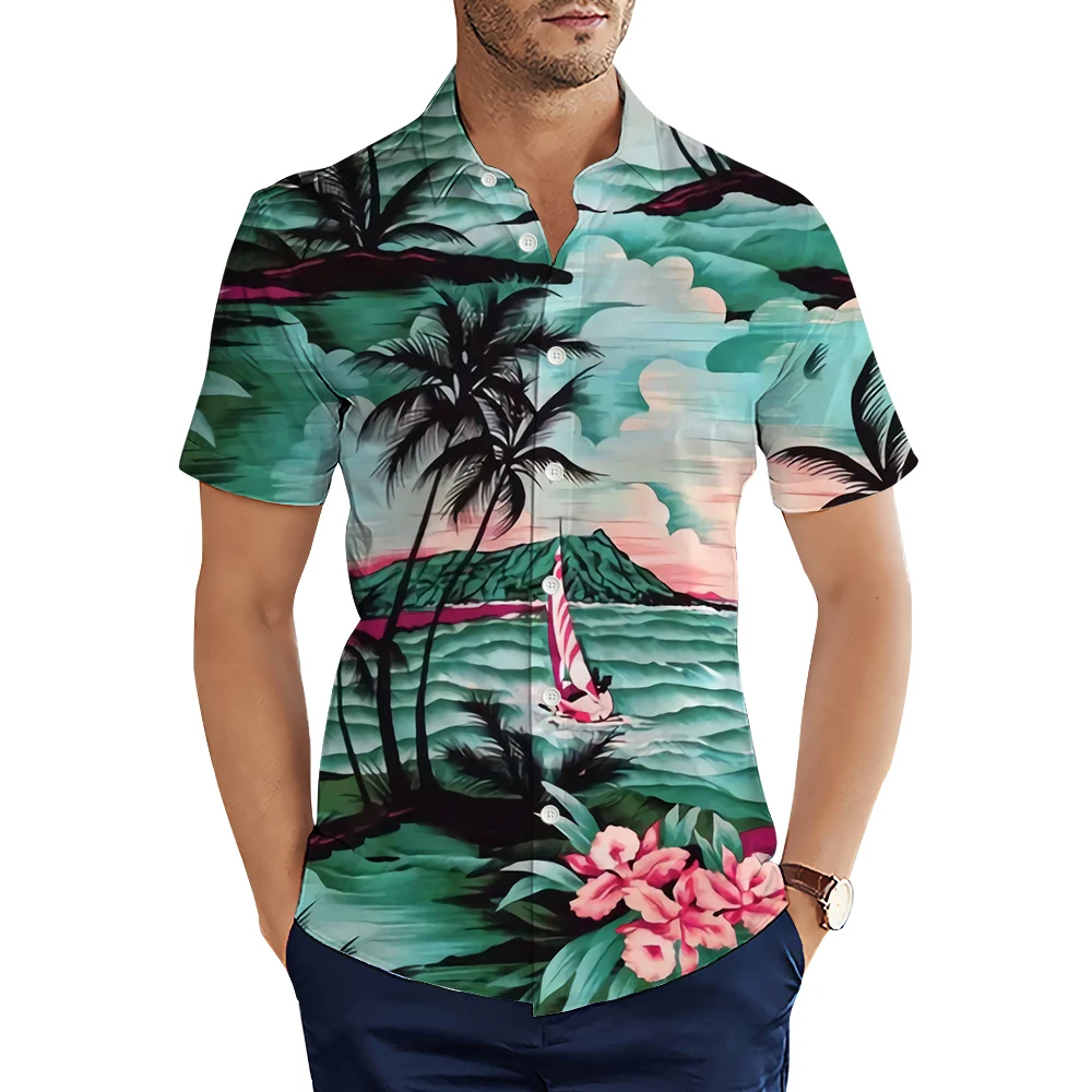 

CLOOCL Men's Shirts Hawaiian Coast Coconut Tree Short Sleeve Shirt 3D Graphic Printed Summer Fashion Casual Beach Cozy Tops