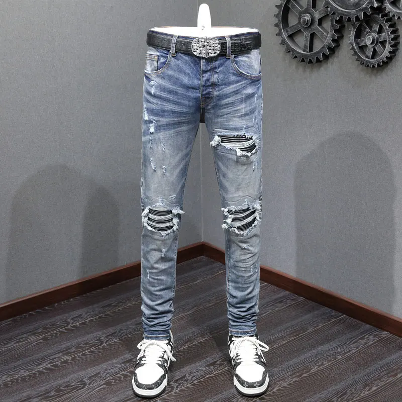 

High Street Fashion Men Jeans Retro Washed Blue Stretch Skinny Fit Ripped Jeans Men Leather Patched Designer Hip Hop Brand Pants