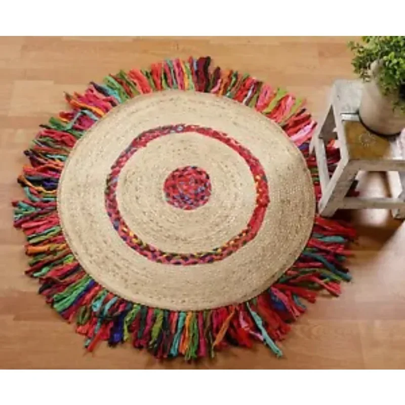 

Rug Jute & Cotton Handmade Reversible Area Rug Round Modern Rustic Look Rag Rug