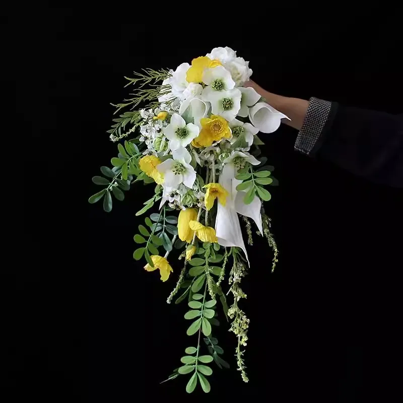 

JaneVini Elegant Yellow White Waterfall Wedding Bouquet Artificial Bridal Flowers Calla Lily Bride Flower Bouquet Buquê Noiva