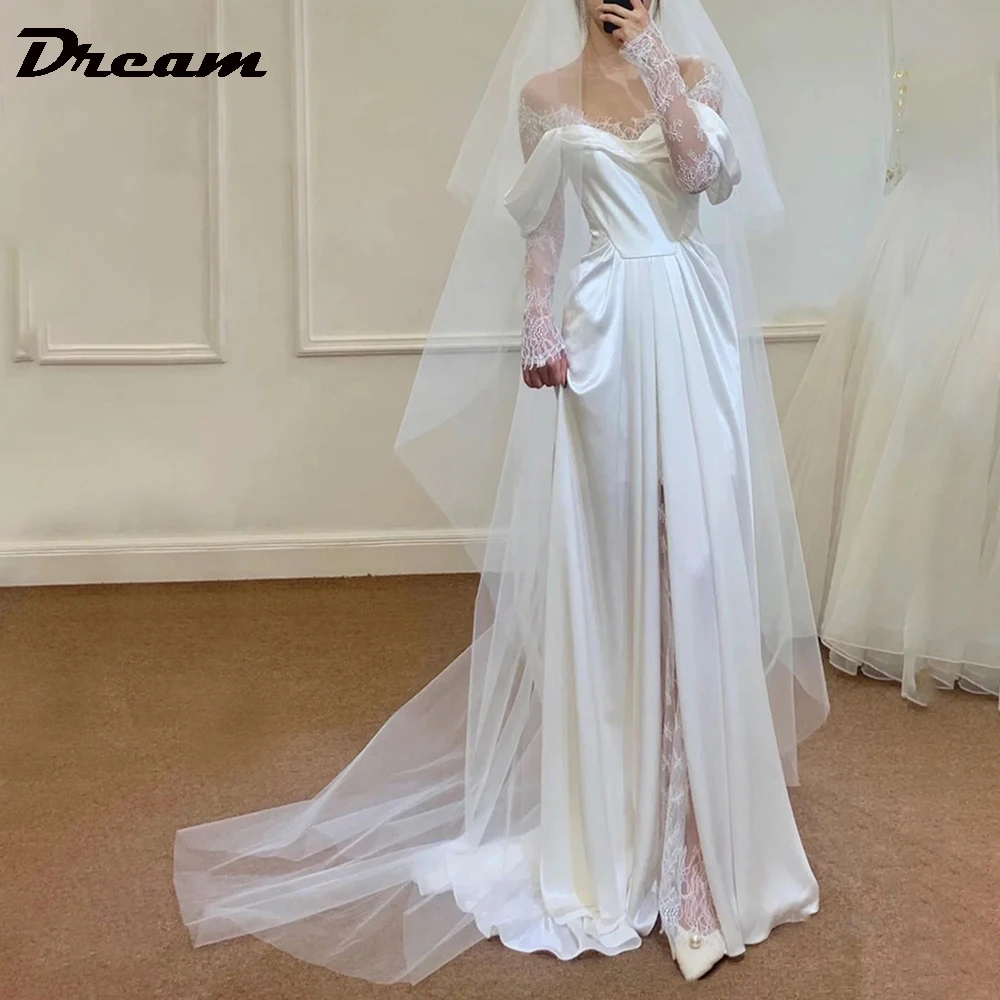 DREAM Illusion Tulle Off Shoulder Satin Lace Wedding Dress A Line Long Sleeves Lace High Slit Bridal Gown Korean
DREAM Illusion Tulle Off Shoulder Satin Lace Wedding Dress A Line Long Sleeves Lace High Slit Bridal Gown Korean