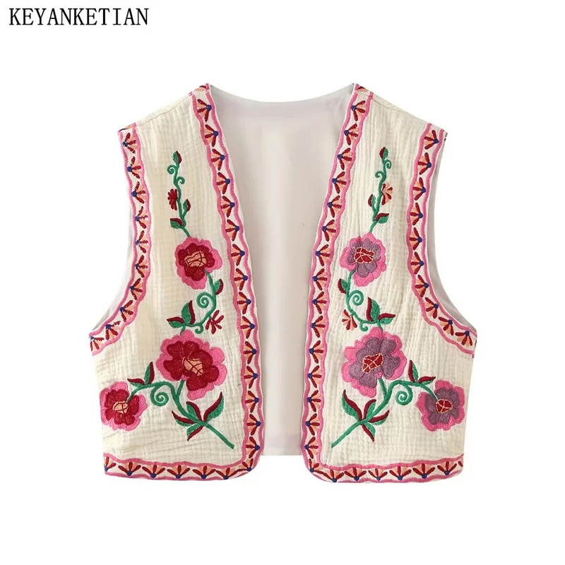

KEYANKETIAN New Launch Bohemian Holiday wind Floral Embroidery Decoration Vest Women's Thin Waistcoat Crop Top Chic Outerwear