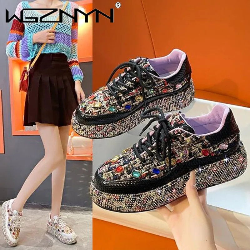 

2023 Fashion Sneakers Casual Flat Shoes High Quality Luxury Rhinestone Decorated Leather Upper Heightening Platform Womens Shoes