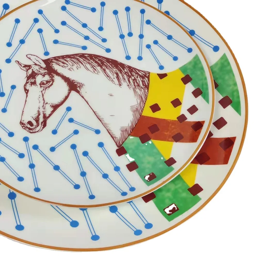 

Luxury Horse Bone China Dishes And Plates Porcelain Cake Dish Pastry Fruit Tray Ceramic Tableware Steak Dinner Plates