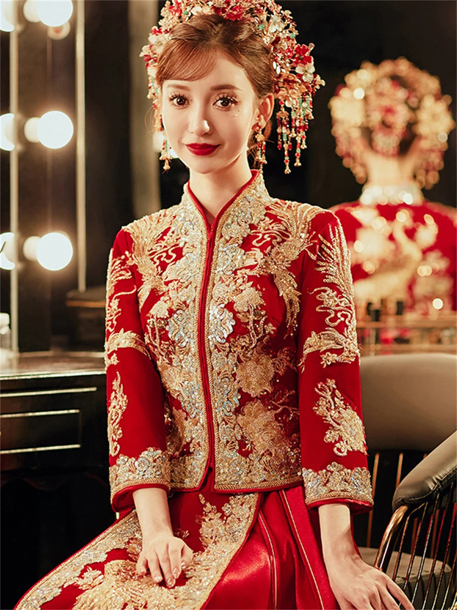 Bride Chinese Style Sequins Beading Embroidery Wedding Dress Vintage Toast Clothes
Bride Chinese Style Sequins Beading Embroidery Wedding Dress Vintage Toast Clothes