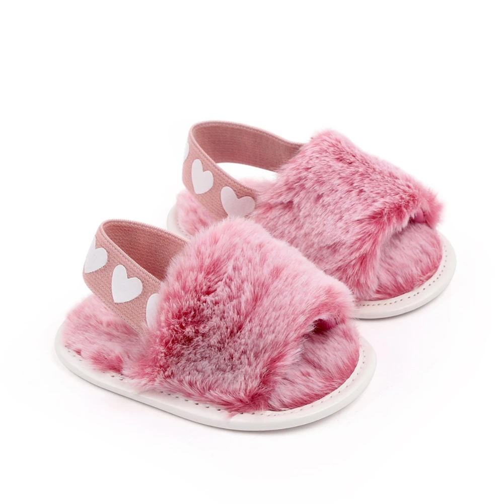 

Baby Fuzzy Slipper Winter Furry Crib Shoes Indoor Infant Fluffy Slipper Elastic Band Newborn Prewalker Plush Sandals 0-18M