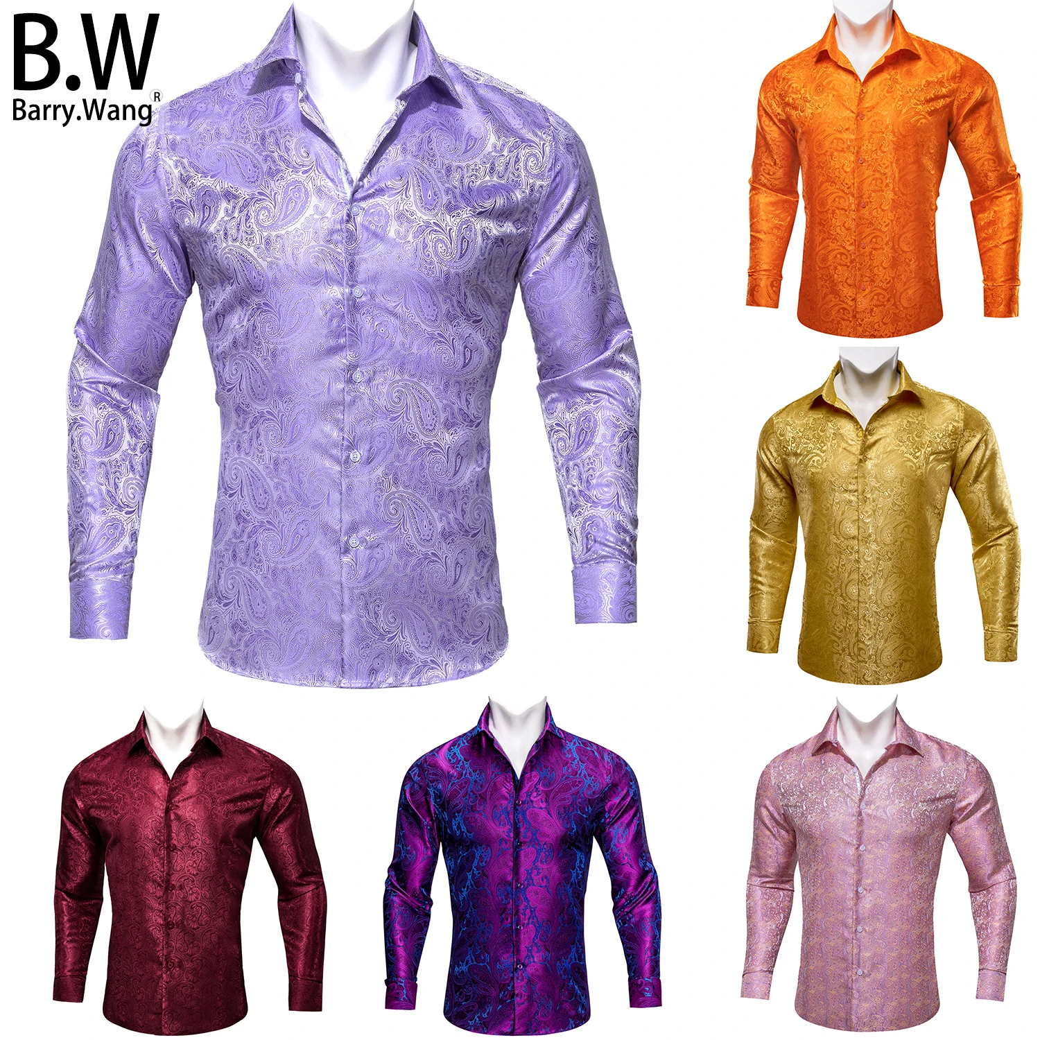 

Barry.Wang Stylish Silk Mens Shirts Jacquard Paisley Long Sleeves Formal Casual 26 Colours Male Blouses Wedding Business Prom