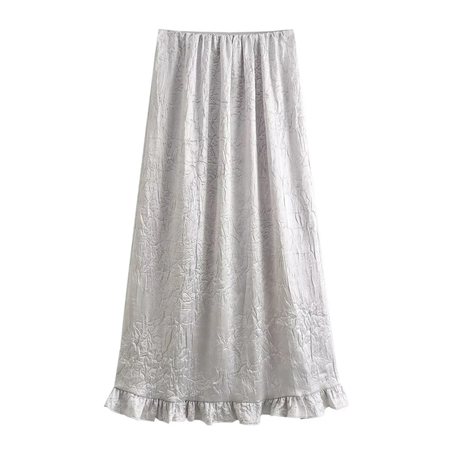 

Silver Metallic Ruffle Hem Women's Long Skirt Stretch High Waist A-Line Party Office Women's Midi Long Skirt 2K2024 Summer