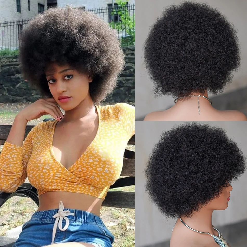 

Short Natural Black Afro Wigs Human Hair For Black Women Fluffy Afro Kinky Curly Wig Wear and Go Glueless Brazilian Wigs On Sale