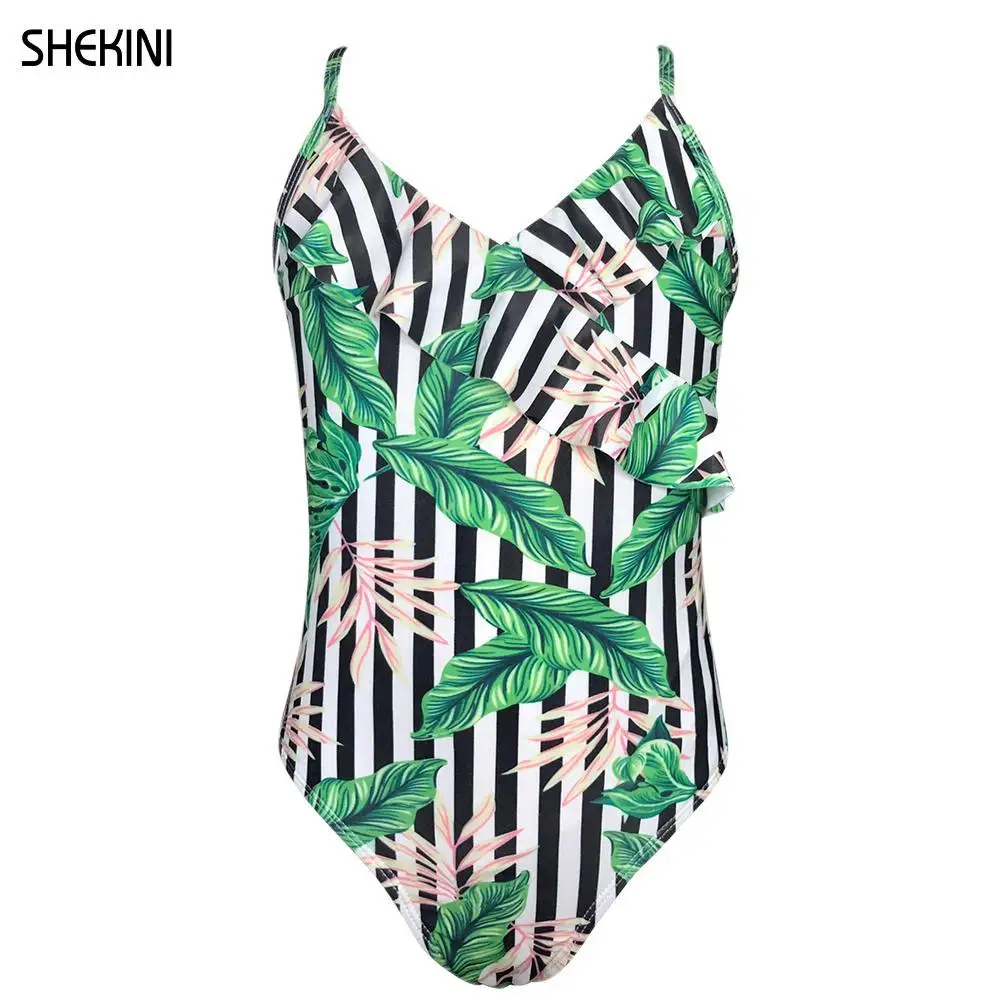 

SHEKINI Girls Bathing Suit V-Neck Ruffled Crisscross Back Straps One Piece Swimsuit 6-14 years Summer Sport Beachwear Swimwear