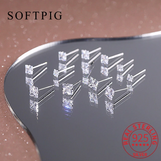 

SOFTPIG Real 925 Sterling Silver Square Zircon Stud Earrings For Women Classic Fine Jewelry Minimalist Ear Piercing Accessories