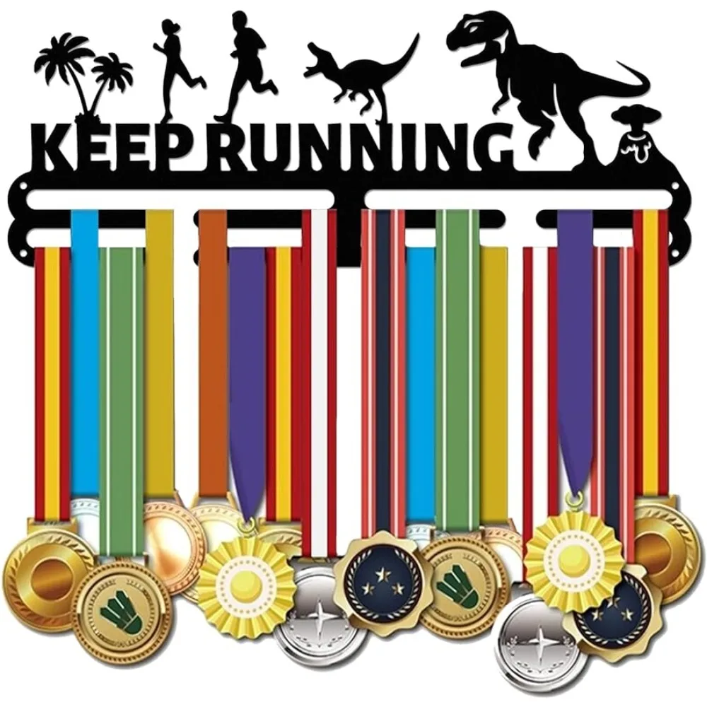 

Competition Medal Holder Iron Running Dinosaur Pattern Medals Display Frame Motivating Word Keep Running Iron Medal Hook