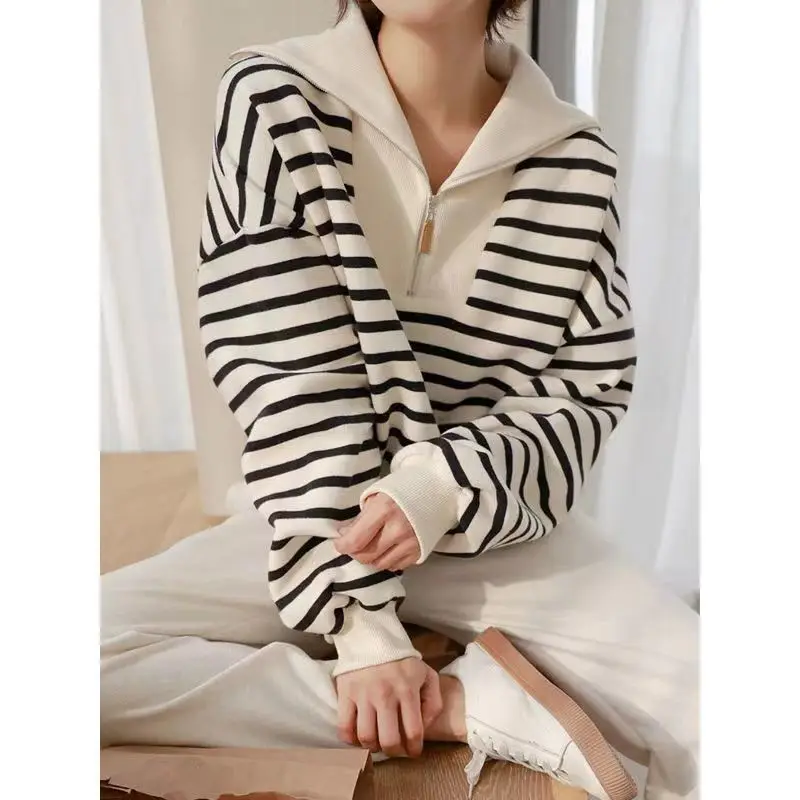 

2022 Spring And Autumn New Sailor Collar Casual Sweatshirt Women's Striped Shirt Design Sense Niche Long Sleeve