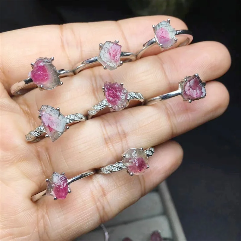 

S925 Natural Watermelon tourmaline Ring Adjustable Ring Crystal Gemstone Fashion Healing Jewelry Gift 1PCS