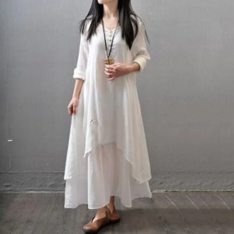 

Elegant Chic Cotton Linen Dresses for Women Bohemia Layered Vintage Robe Long Sleeve Loose Dress Oversize Female Autumn Vestidos