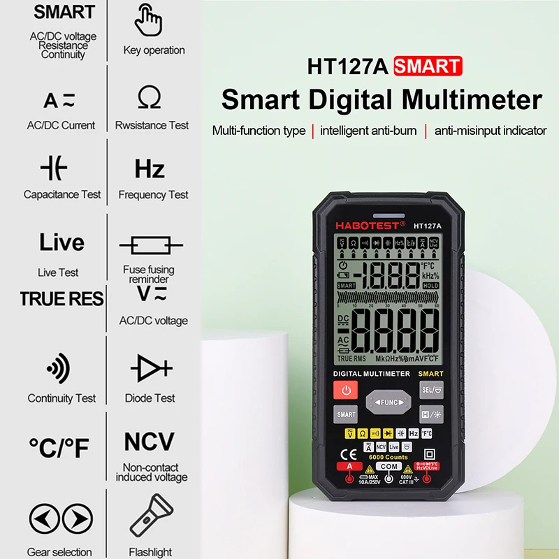 6000 Counts HT127A Smart Digital Multimeter 3.1inch LCD TN Display Auto Range True RMS Meter NCV Voltmeter Voltage Current Test
6000 Counts HT127A Smart Digital Multimeter 3.1inch LCD TN Display Auto Range True RMS Meter NCV Voltmeter Voltage Current Test