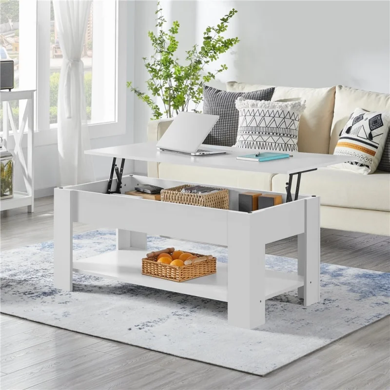 

SMILE MART Modern 47.5" Wood Lift Top Coffee Table with Lower Shelf, White