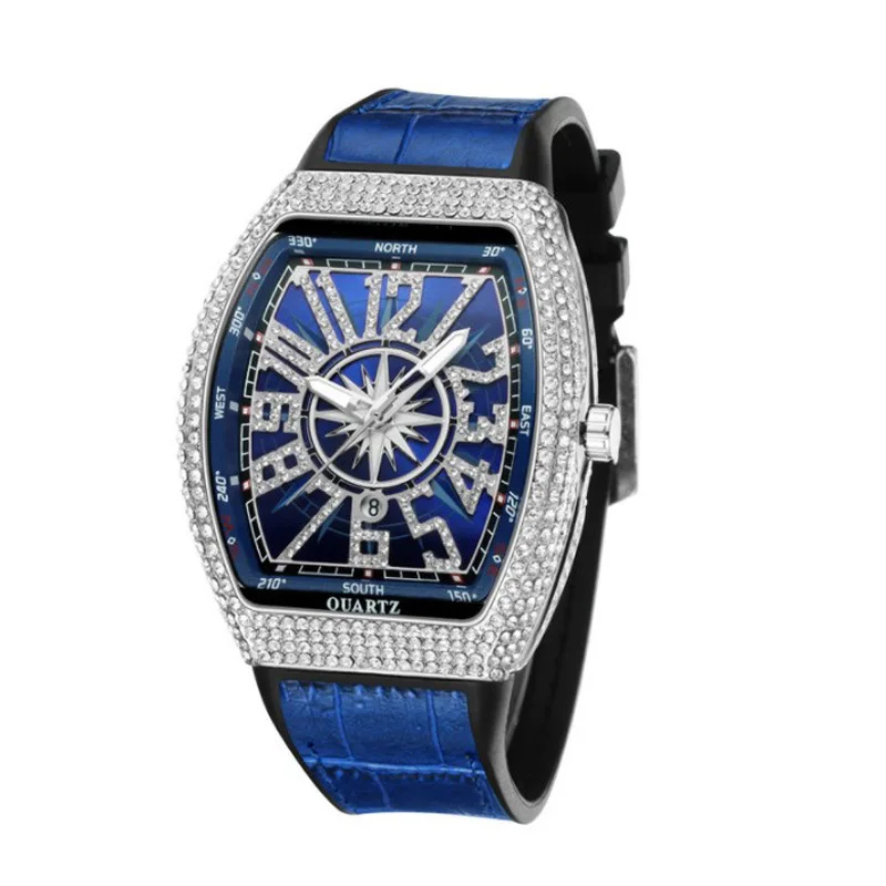 

Luxury Mens Skull Big Face Watches Rectangle Punk Diamond Dial Leather Strap Calendar Quartz Watch for Men Sports Wristwatches