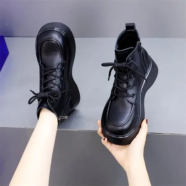 

Boots Flat Heel Shoes Boots-Women Round Toe Leather 2023 Ankle Ladies Lolita Med Genuine Autumn Black Rock Slip-On Rome Basic L