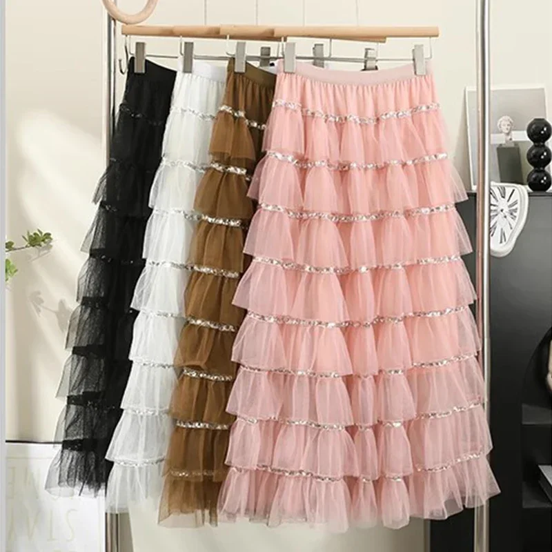 

Maxi Tiered Tutu Tulle Skirt for Women New Korean Sweet Fashionable Sequin A Line High Waist Long Mesh Skirt Female Pink P479