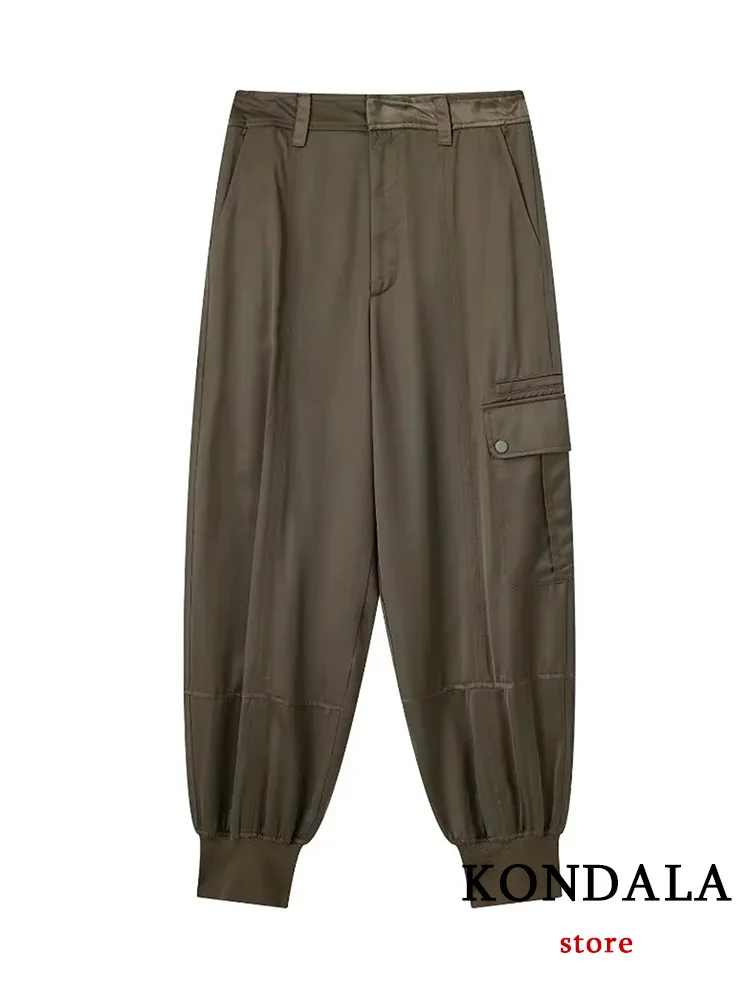 

KONDALA Vintage Casual Chic Women Pants Green Solid Zipper Pockets Loose Straight Pants Fashion 2023 Autumn Streetear Trousers