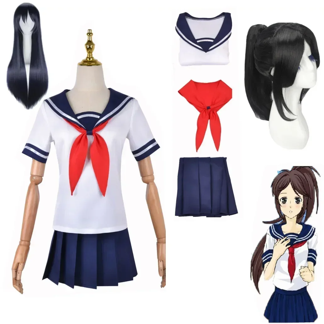 

Yandere Simulator Ayano Aishi Cosplay Costumes Game Anime Girls JK Uniform Outfit Sailor T-shirt with Skirt Black Wigs Set Party