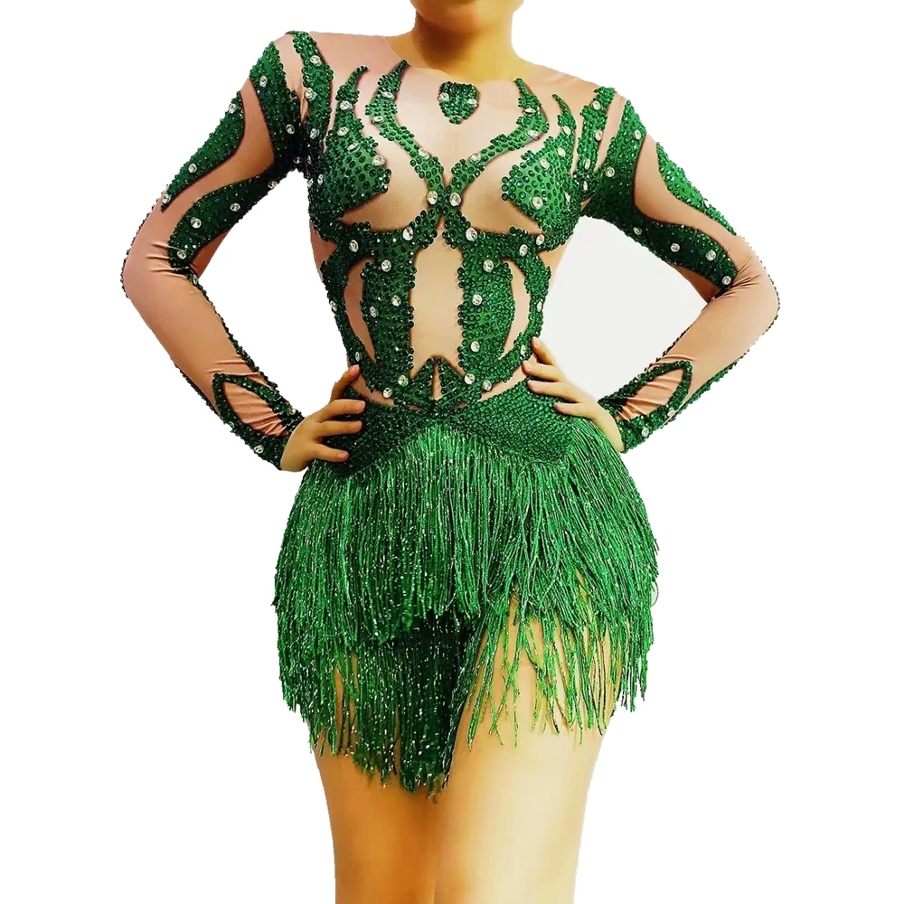Stage Wear Performance Show Nightclub Outfit Sexy Crystal Fringes Leatard Sparkly Crystals Green Tassel Bodysuit Dance Costume
Stage Wear Performance Show Nightclub Outfit Sexy Crystal Fringes Leatard Sparkly Crystals Green Tassel Bodysuit Dance Costume