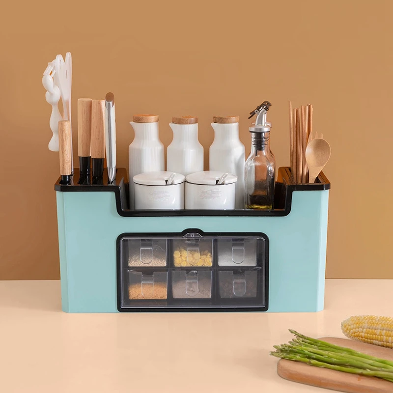 

Kitchen Supplies Organizer Rack Multi-Function Spice Storage Box Condiment Bottle Storage Rack Knife Holder Shelf