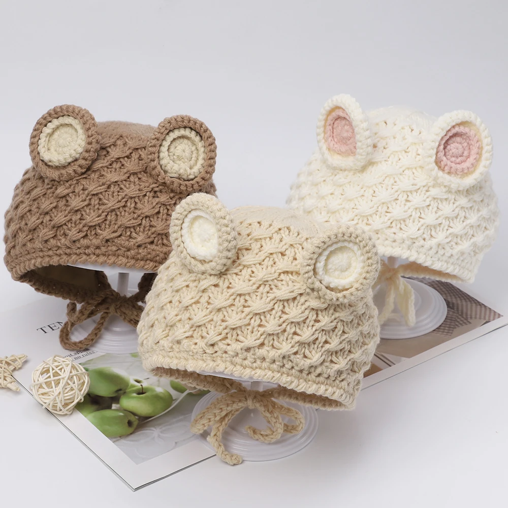 

Baby Winter Knitted Hat Cute Frog-Shaped Satin Lining for More Warmth and Comfort Adjustable Size Design Baby Accessories