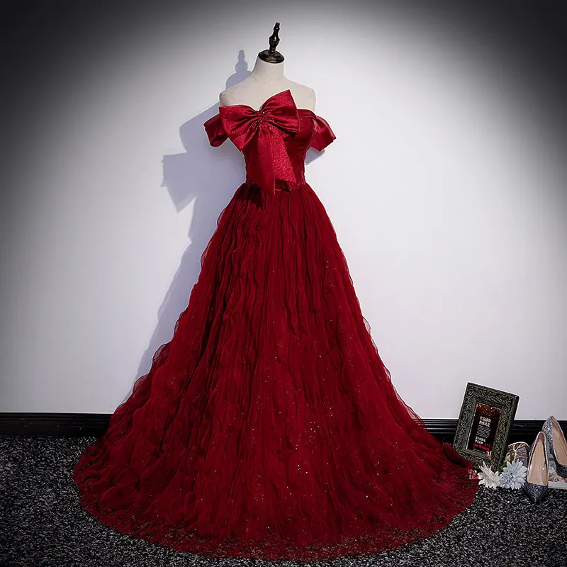 

Burgundy Boat Neck Evening Dress Bow Empire Short Sleeves Floor-Length Luxurious Backless A-Line Party Formal Gown Woman B1933