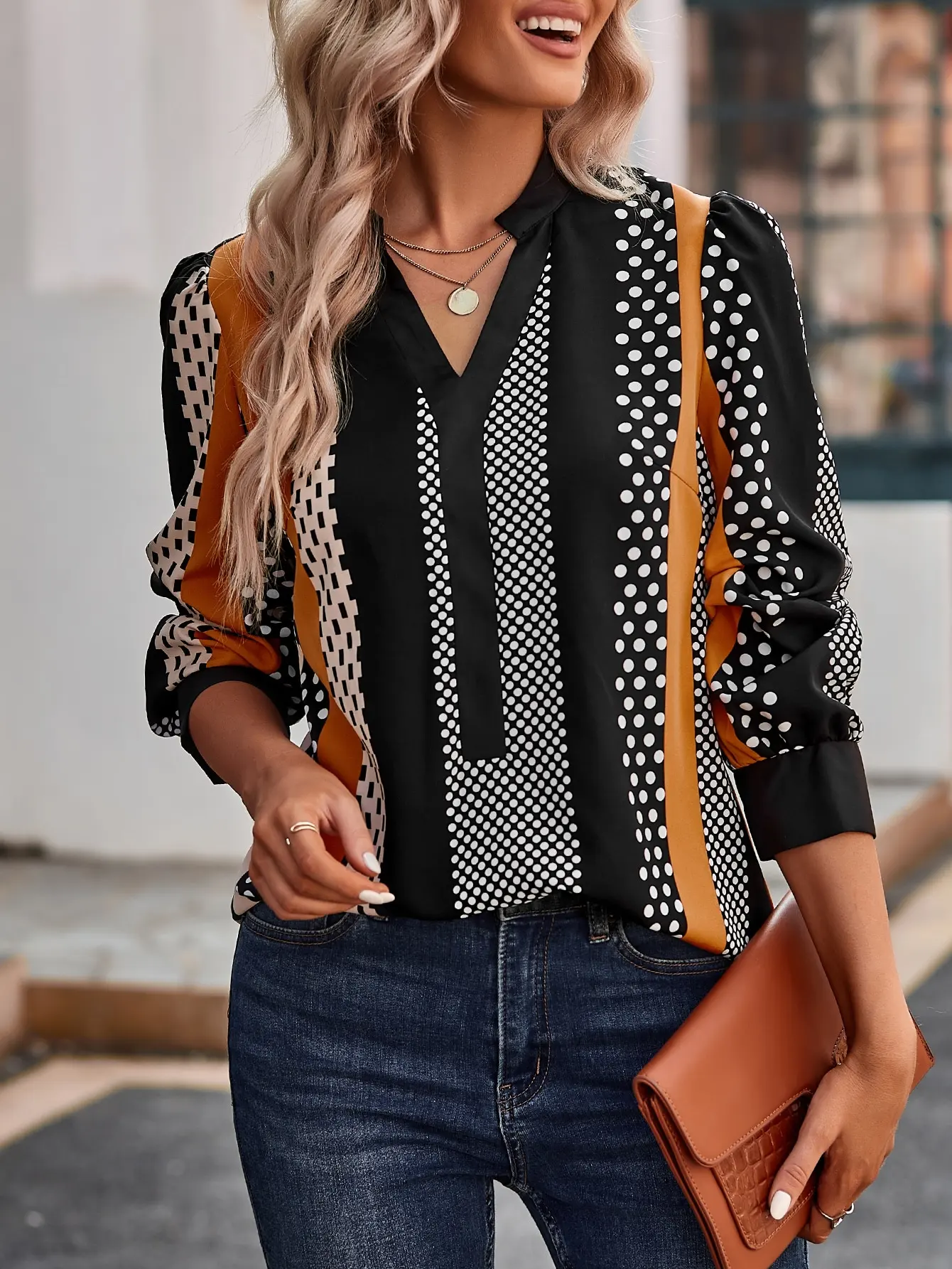 

Finjani Women's Blouse Striped & Polka Dot Print Patchwork Blouses Flounce Sleeve V-neck Top For Autumn 2023 New