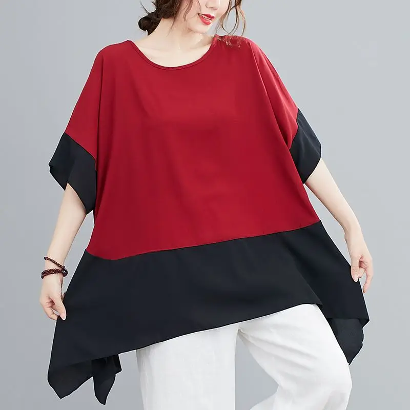 

Fashion O-Neck Spliced Irregular Batwing Sleeve Blouses Women's Clothing 2024 Summer New Loose Casual Tops Asymmetrical Shirts