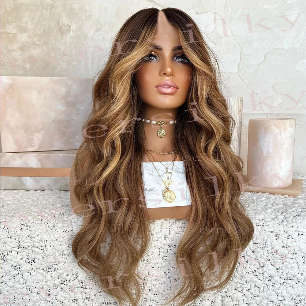 

Highlights Honey Blonde Loose Wavy V Part Wig 100% Human Hair Wig Ombre Chestnut Brown Glueless Body Wave Cheap Full U Shape End