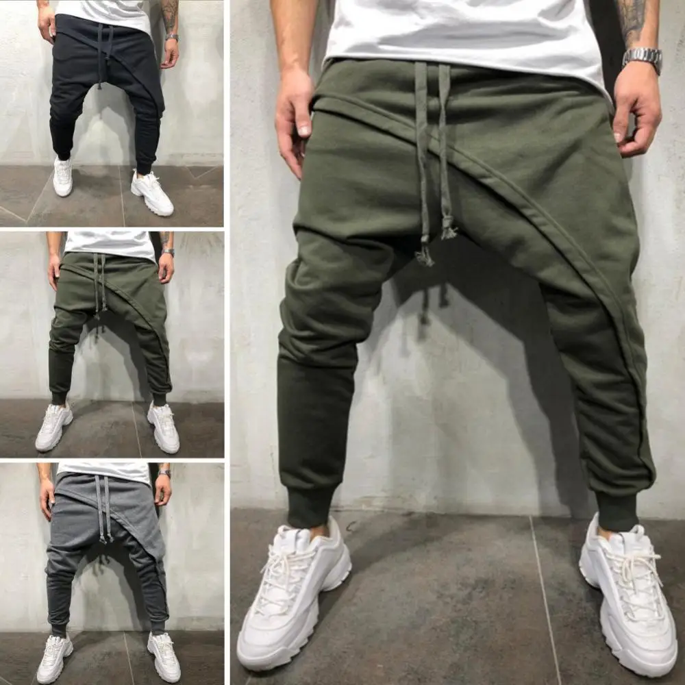 

Solid Color Drawstring Men Pants Long Fashion Harem Asymmetric Double Layer Running Jogger Baggy 2021 For Men's Clothings