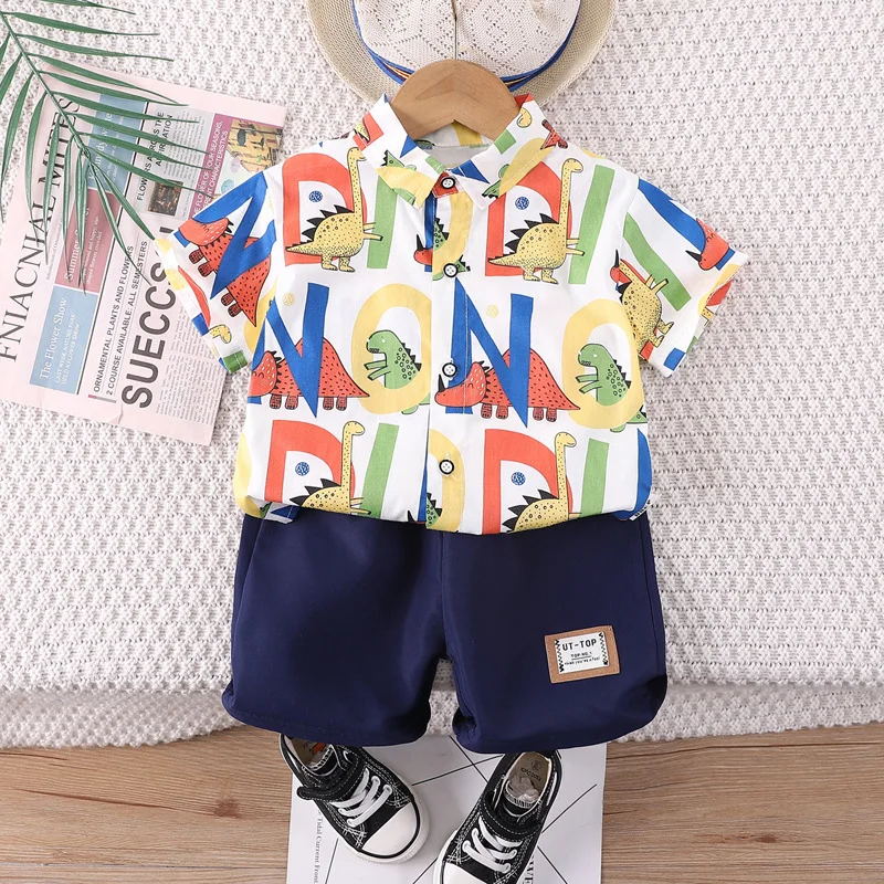 

New Summer Baby Boy Clothes 2024 Toddler Boutique Outfits for Kids Cartoon Dinosaur Short Sleeve Shirts and Shorts Two Piece Set