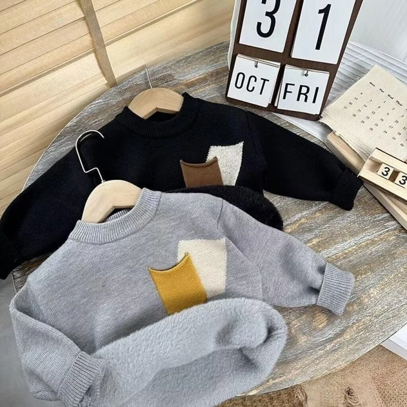 

Шерстяной свитер для мальчиков, вязаный крючком хлопковый ветрозащитный 2023 серый утепленный пуловер на осень и зиму, детская одежда высокого качества