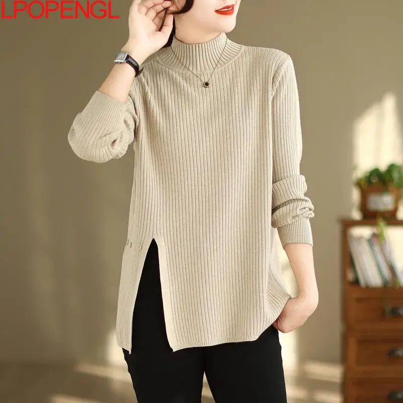 2023 Autumn/winter Thickened Solid Color Streetwear Half-turtleneck Knitted Sweater Women's Leisure Loose Split Long-sleeved Top
2023 Autumn/winter Thickened Solid Color Streetwear Half-turtleneck Knitted Sweater Women's Leisure Loose Split Long-sleeved Top