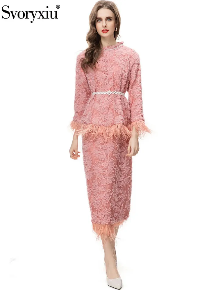 

Svoryxiu Fashion Runway Autumn Pink Elegant Half Skirt Suit Women's Flounces Collar Beading Belt Coat+Pencil Feathers Hem Skirt