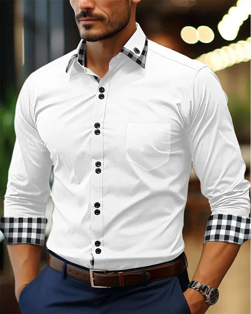 

Men's shirt button-up shirt black white pink burgundy long sleeve plaid color block lapel patchwork clothing fashion casual 6XL