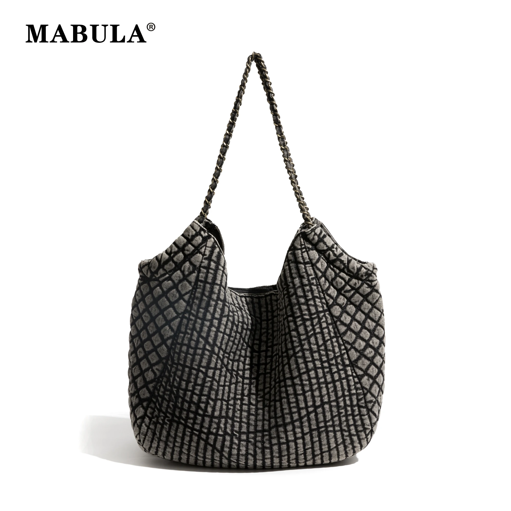 

MABULA Denim Vintage Tote Bag For Woman Large Capacity y2k Shopping Handbag Unique Woven Chain Female Square Shoulder Purse
