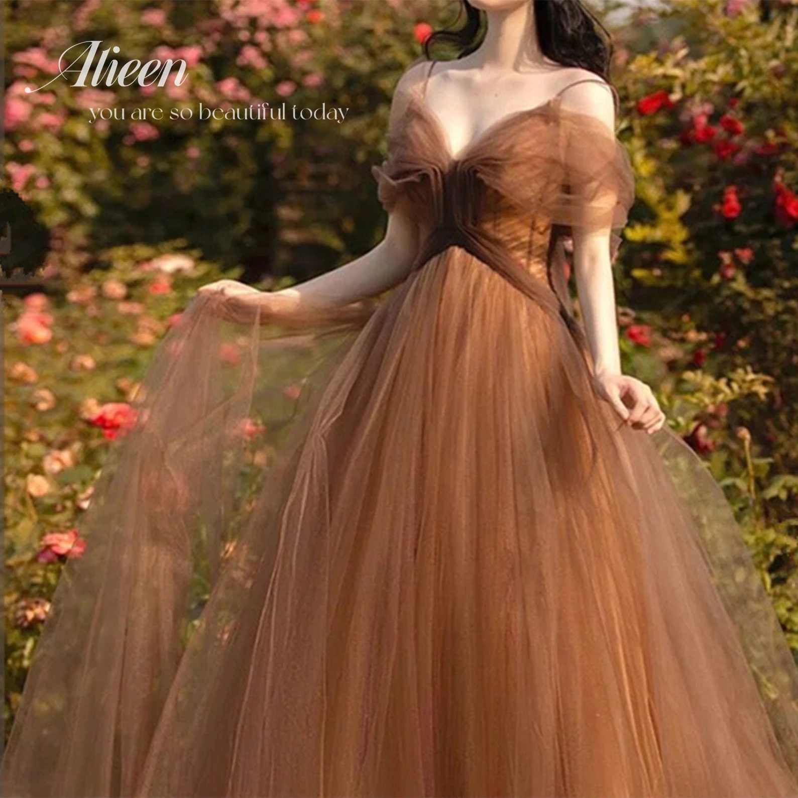 

Aileen Mesh A-line Off the Shoulders Burnt Orange Wedding Party Dress Women Elegant Luxury Evening Gown Sharon Said Ball Gowns