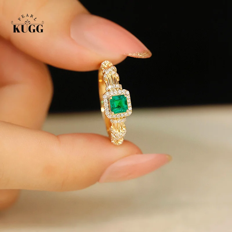 

KUGG 18K Yellow Gold Rings Elegant Cross Design Real Natural Emerald Shiny Diamond Luxury Gemstone Ring for Women Senior Banquet