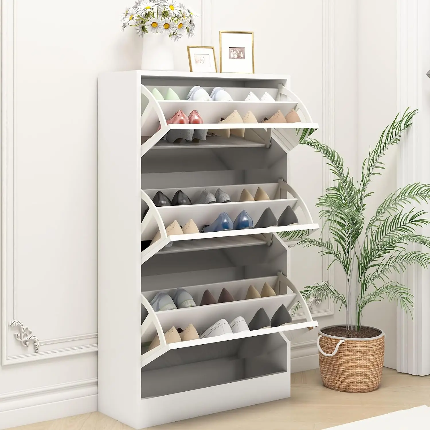 Voohek Narrow Slim Shoe Storage Cabinet with 3 Flip Drawers, Full-Length Mirror, 2-Position Adjustment, Removable Panel
Voohek Narrow Slim Shoe Storage Cabinet with 3 Flip Drawers, Full-Length Mirror, 2-Position Adjustment, Removable Panel