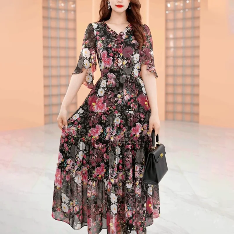 

Женское винтажное платье с коротким рукавом, длинное ТРАПЕЦИЕВИДНОЕ ПЛАТЬЕ С V-образным вырезом и разбитыми цветами, лето 2019
