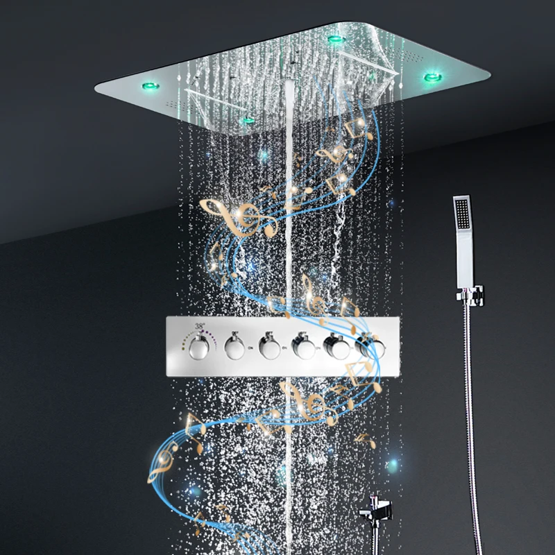 

Luxury LED 5 Functions Shower Set LED Music column mist waterfall rain Thermostatic High flow diverter Valve
