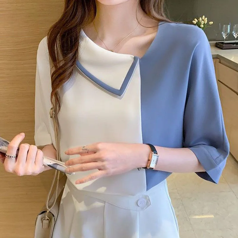 

Fashion Skew Collar Spliced Asymmetrical T-Shirt Female Clothing 2023 Spring New Casual Pullovers Irregular Tee Shirt