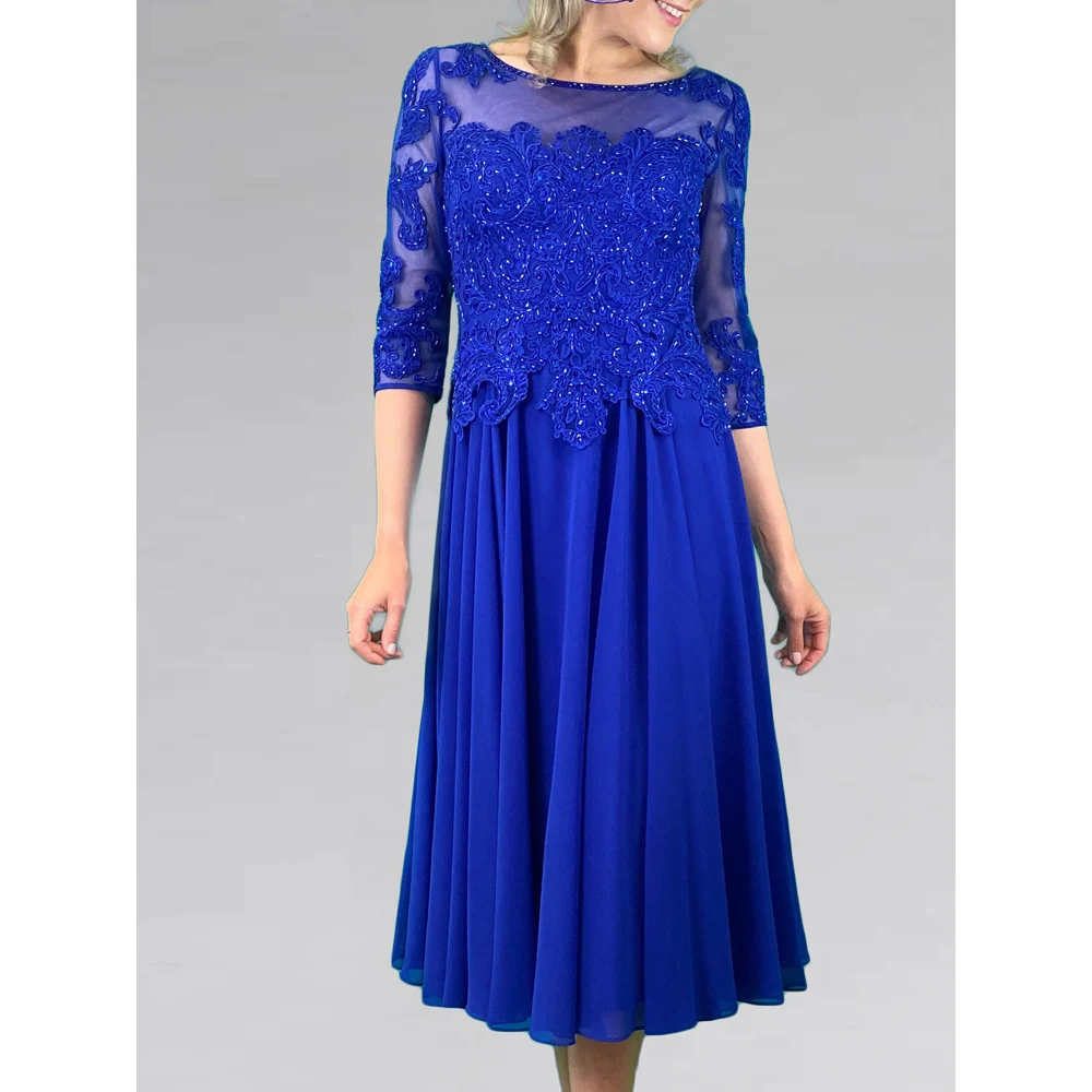 Blue Mother of the Bride Dress Sheer Neckline Applique with Beads Zipper Back Three Quarter Sleeves Mother's party Gowns
Blue Mother of the Bride Dress Sheer Neckline Applique with Beads Zipper Back Three Quarter Sleeves Mother's party Gowns