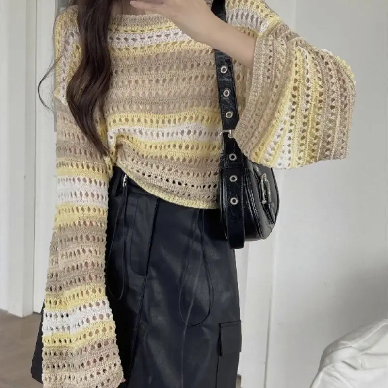 

Sunscreen 2024 smock thin section striped autumn new knitwear long-sleeved hollow loose design tops